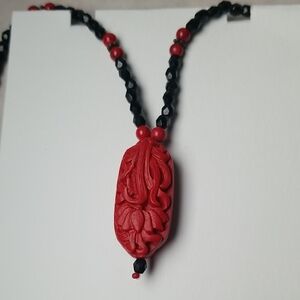 Carved Cinnabar Floral Pendant Necklace